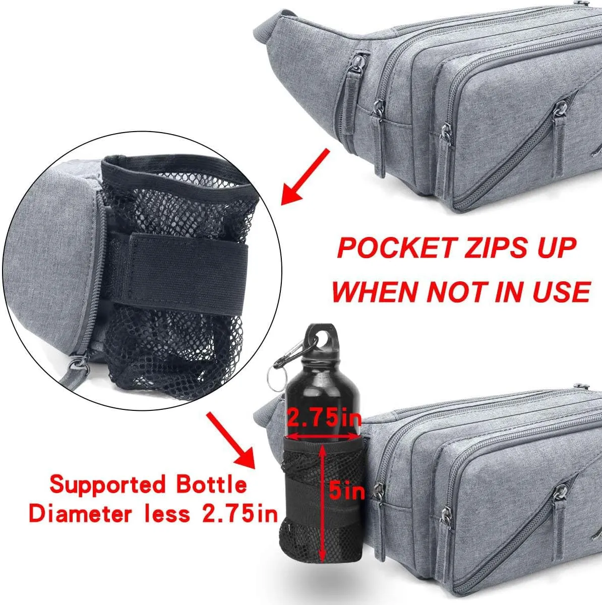 Fanny Pack Waterproof Waist Bag Pack Men Women Hip Bum Bag With Water Bottle Holder Adjustable Strap Suitable For Outdoors Workout Traveling Hiking Cycling Dog Walking Pouch Bag(Grey)