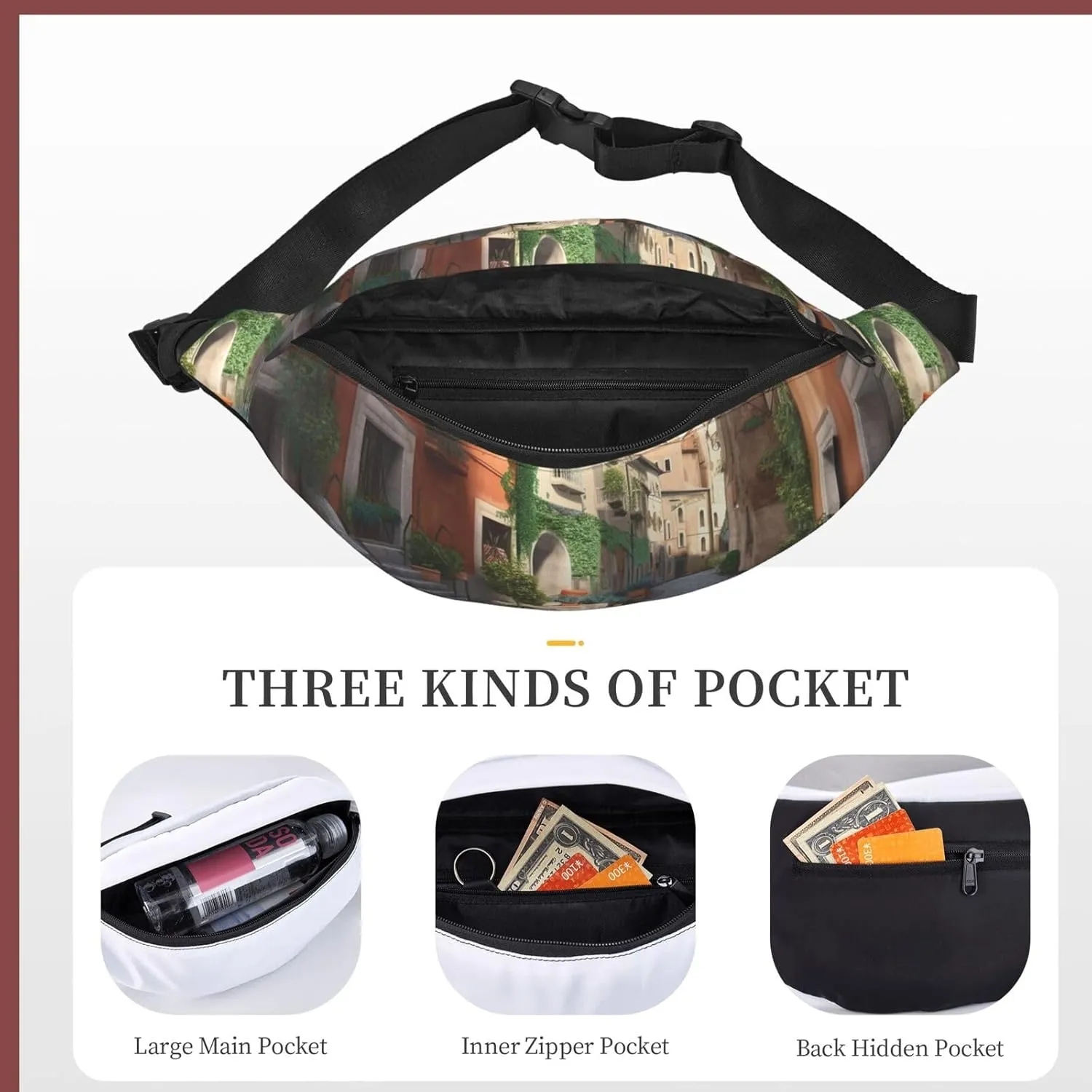 Fanny Packs For Women Men Waist Bag Waterproof Sport Belt Bag Street Of Italy Fashion Waist Pack Adjustable Crossbody Bags Zipper Bum Bag For Running Hiking Travel