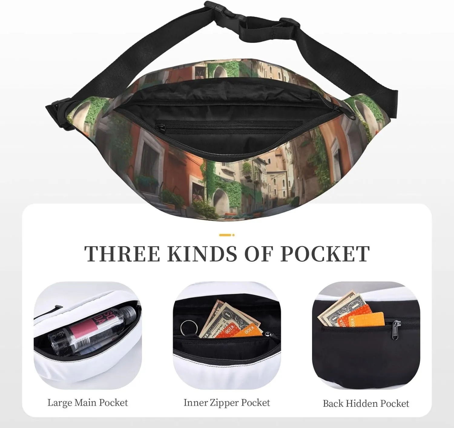 Fanny Packs For Women Men Waist Bag Waterproof Sport Belt Bag Street Of Italy Fashion Waist Pack Adjustable Crossbody Bags Zipper Bum Bag For Running Hiking Travel