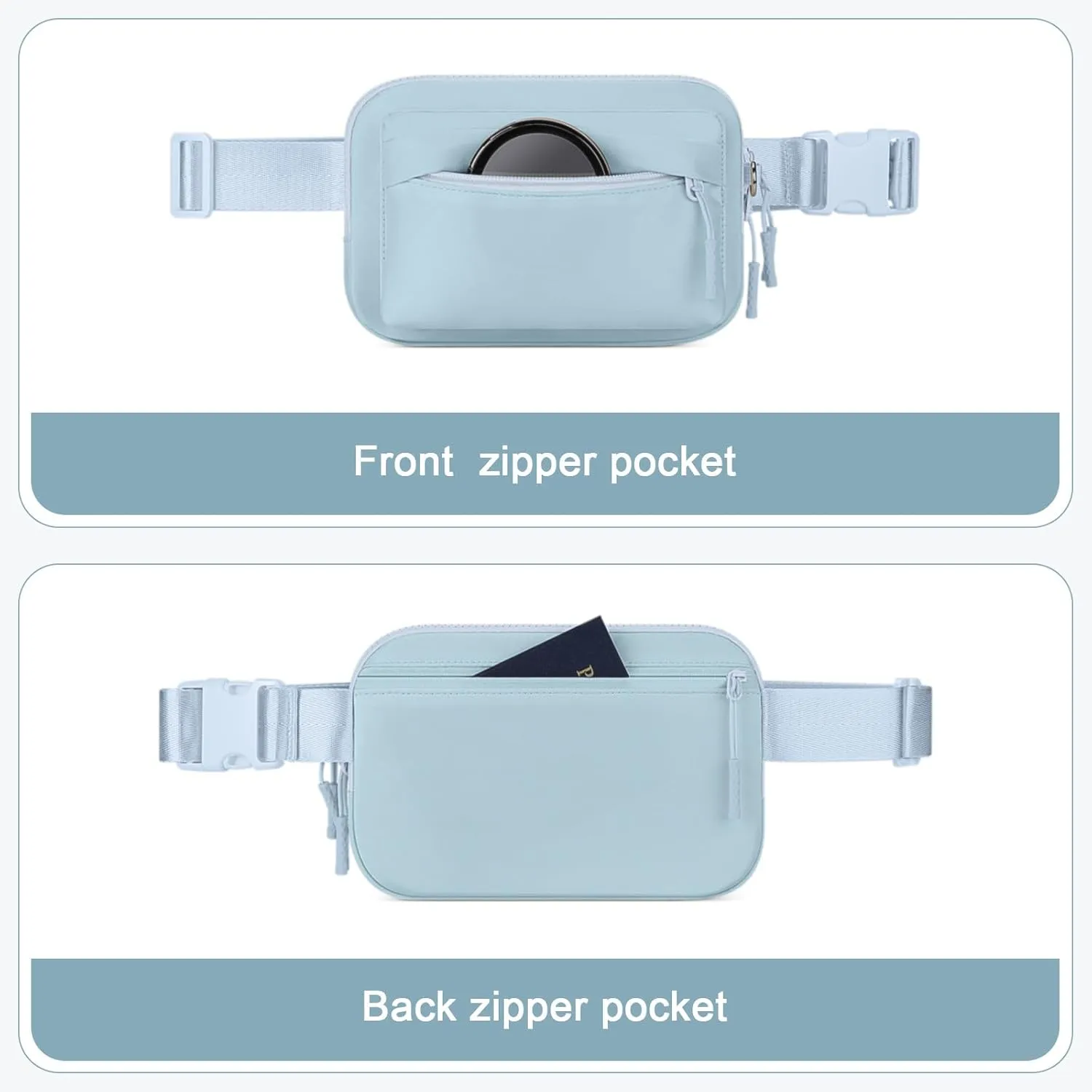 Fanny Packs for Women Men,Belt Bag with 4 Zipper Pockets,Waterproof Crossbody Bag,Fashion Waist Packs with Adjustable Long Strap for Workout/Running/Yoga/Shopping/Hiking,Blue Grey