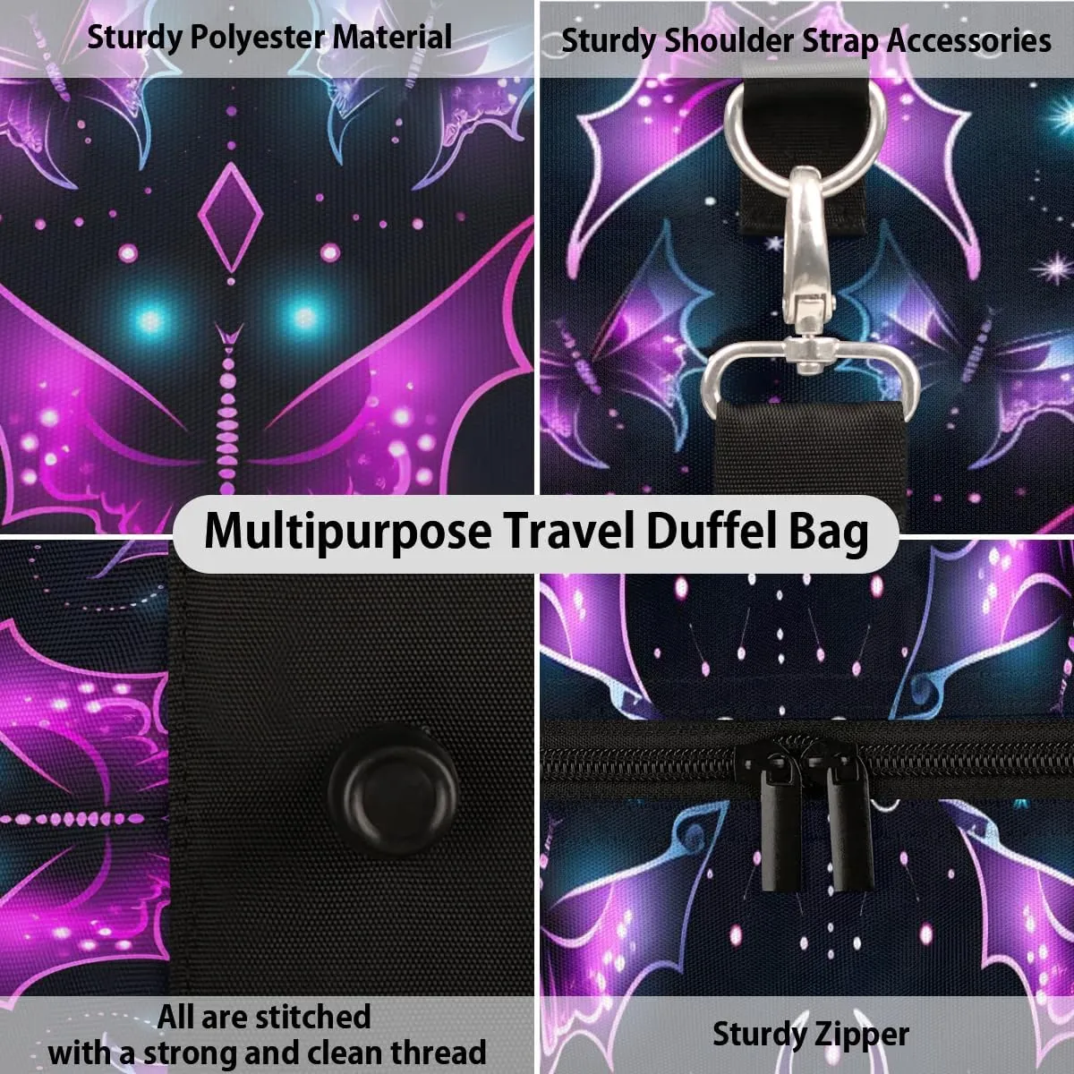 Fantasy Bat Colorful Travel Duffel Bag for Women Men Waterproof Foldable Overnight Weekender Bag Large Capacity Sports Gym Bag