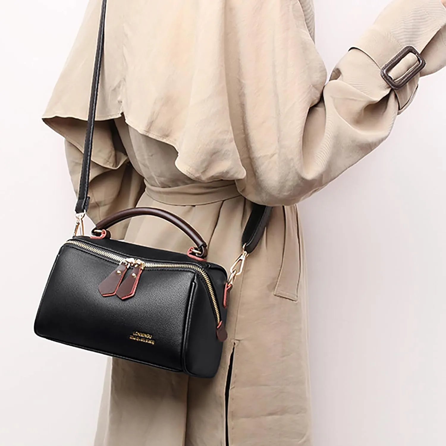 Fashion Leather Top-Handle Crossbody Pillow Bag For Women Shoulder Satchel Purses With Double Zipper Design