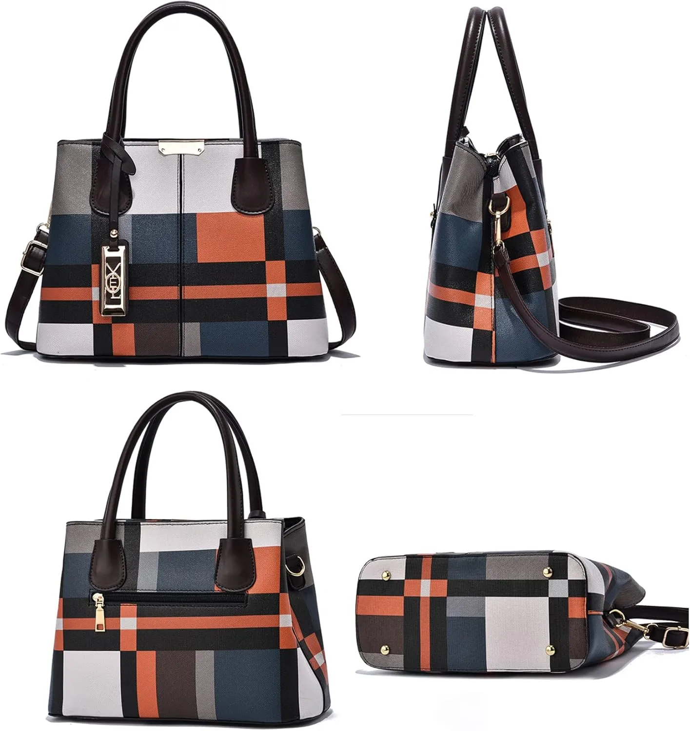 Fashion Plaid Satchel Handbag for Women - Large Top Handle Purse & Crossbody Bag with Zipper Closure