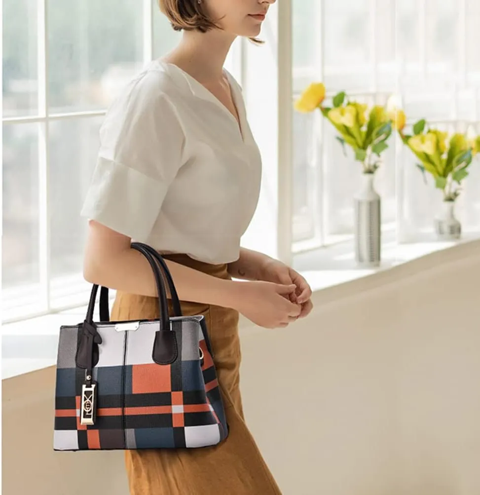 Fashion Plaid Satchel Handbag for Women - Large Top Handle Purse & Crossbody Bag with Zipper Closure