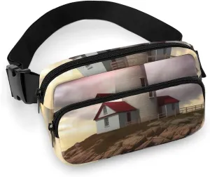 Fashionable Large-capacity Twill Lighthouse Printed Waist Bag, A Must-have Item for Hands-free Travel