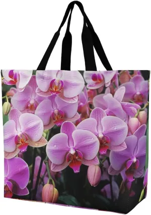 Fashionable Reusable Women's Shoulder Tote Bag Orchids Printed with Unique Heat Transfer Print, Eco-Friendly Durable Polyester for Grocery, Travel & Gifts