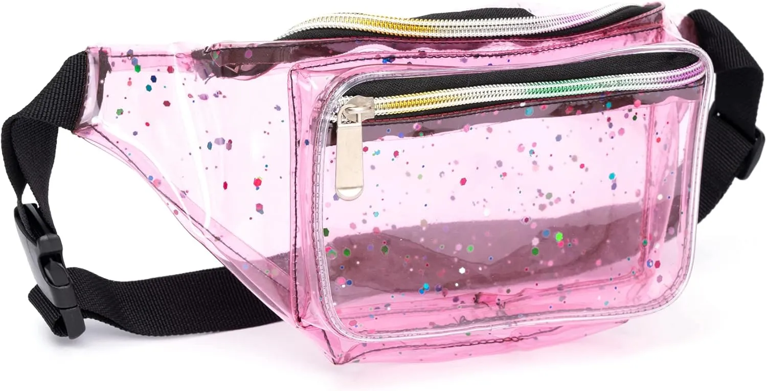 Festival Rave 80S 90S Holographic Pink Transparent Multicolor Clear Fanny Pack for Women Girls Concert Stadium Approved Waist Belt Bum Bags - Pink Transparent Multicolor
