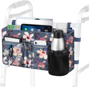 FINPAC Large Walker Tote Bag with Cup Holder, Folding Walker Attachment Hands-Free Storage Basket Mobility Aid Accessory Pouch for Elderly, Senior, Blooming Hibiscus