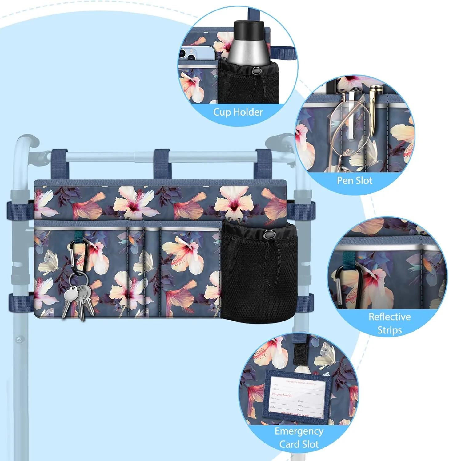 FINPAC Large Walker Tote Bag with Cup Holder, Folding Walker Attachment Hands-Free Storage Basket Mobility Aid Accessory Pouch for Elderly, Senior, Blooming Hibiscus