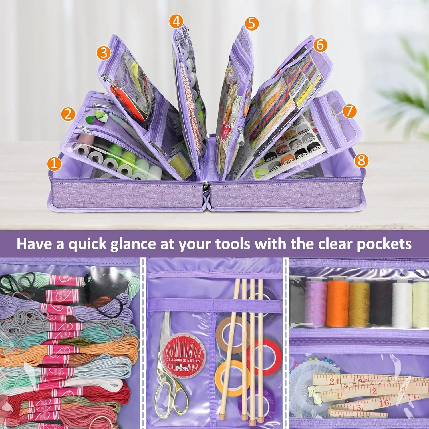 FINPAC Sewing and Craft Supplies Storage Tote, Large Capacity Travel Packing Organizer Bag with Clear Pockets and Handle for Knitting, Crochet, Art, Sewing Accessories