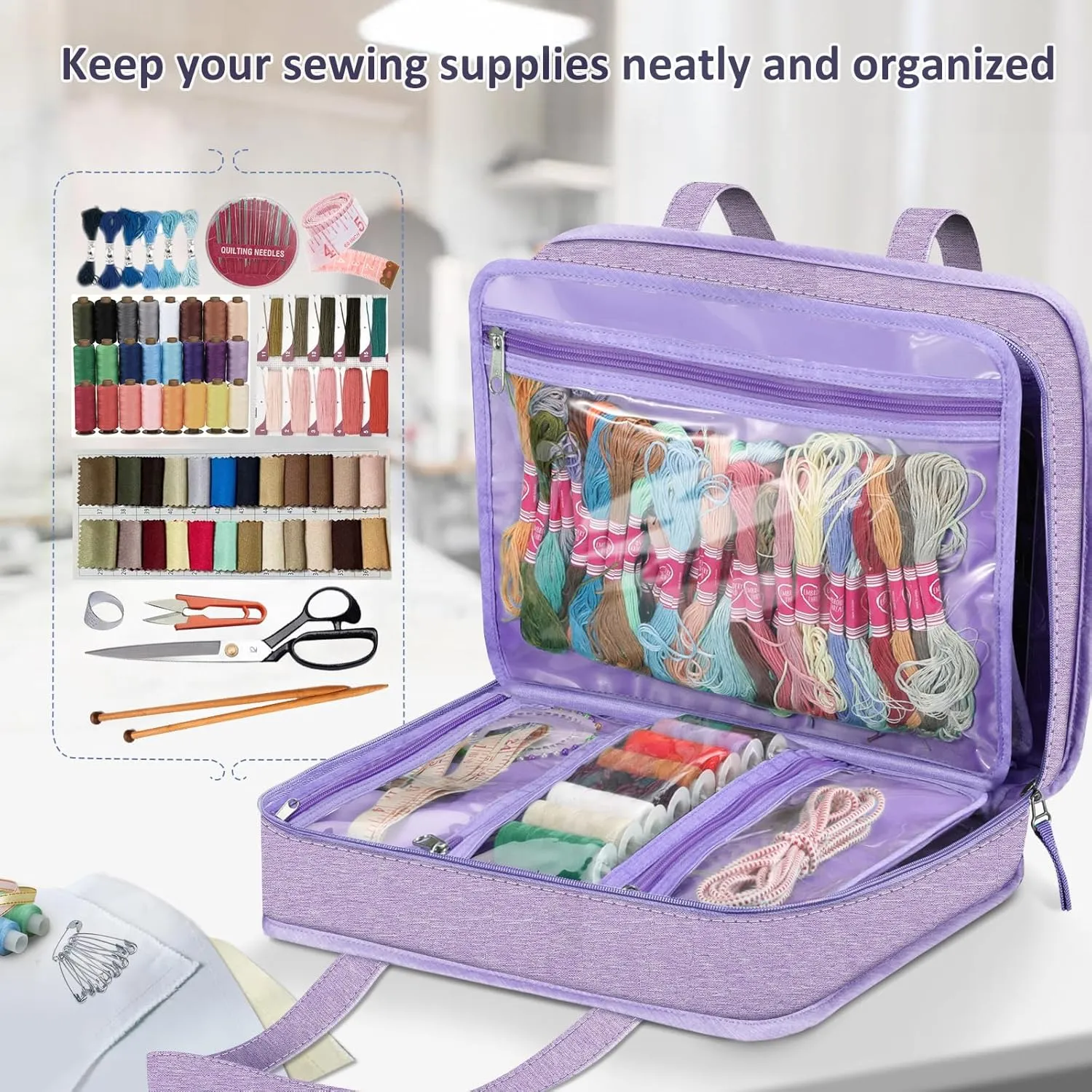 FINPAC Sewing and Craft Supplies Storage Tote, Large Capacity Travel Packing Organizer Bag with Clear Pockets and Handle for Knitting, Crochet, Art, Sewing Accessories
