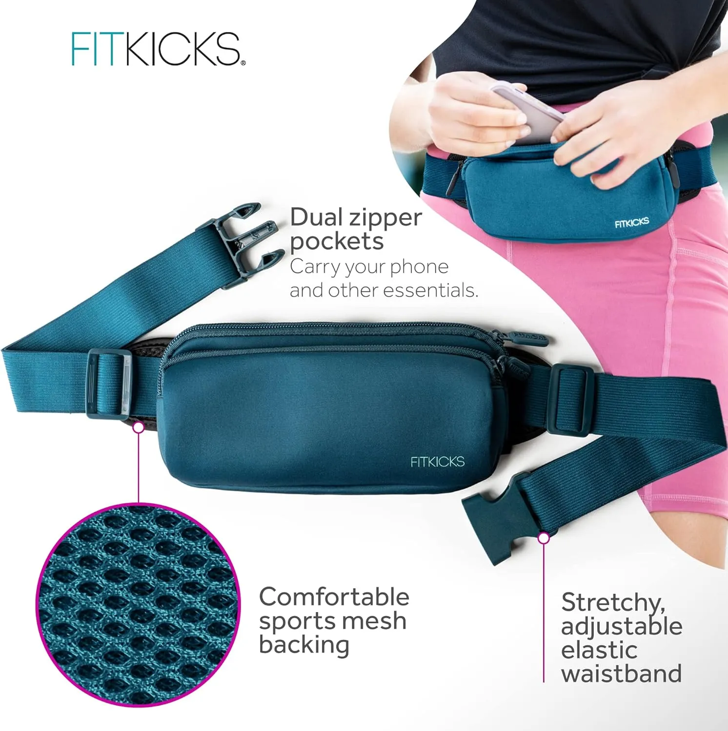 FITKICKS Fitzip Belt Bag and Crossbody Fanny Pack, Waist Pouch with Adjustable Strap - Teal