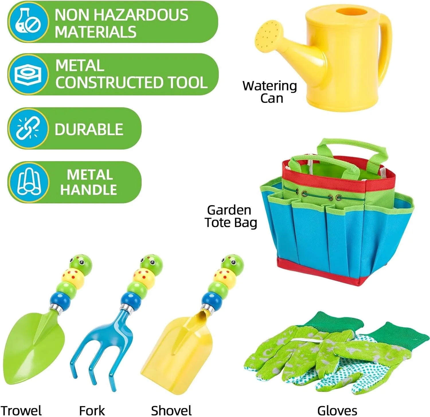 FITNATE Green Kids Garden Tools Set,6 PCS Gardening Tools for Kids Including Watering Can, Shovel, Rake, Fork, Children Gardening Gloves and Garden Tote Bag, All in One Set