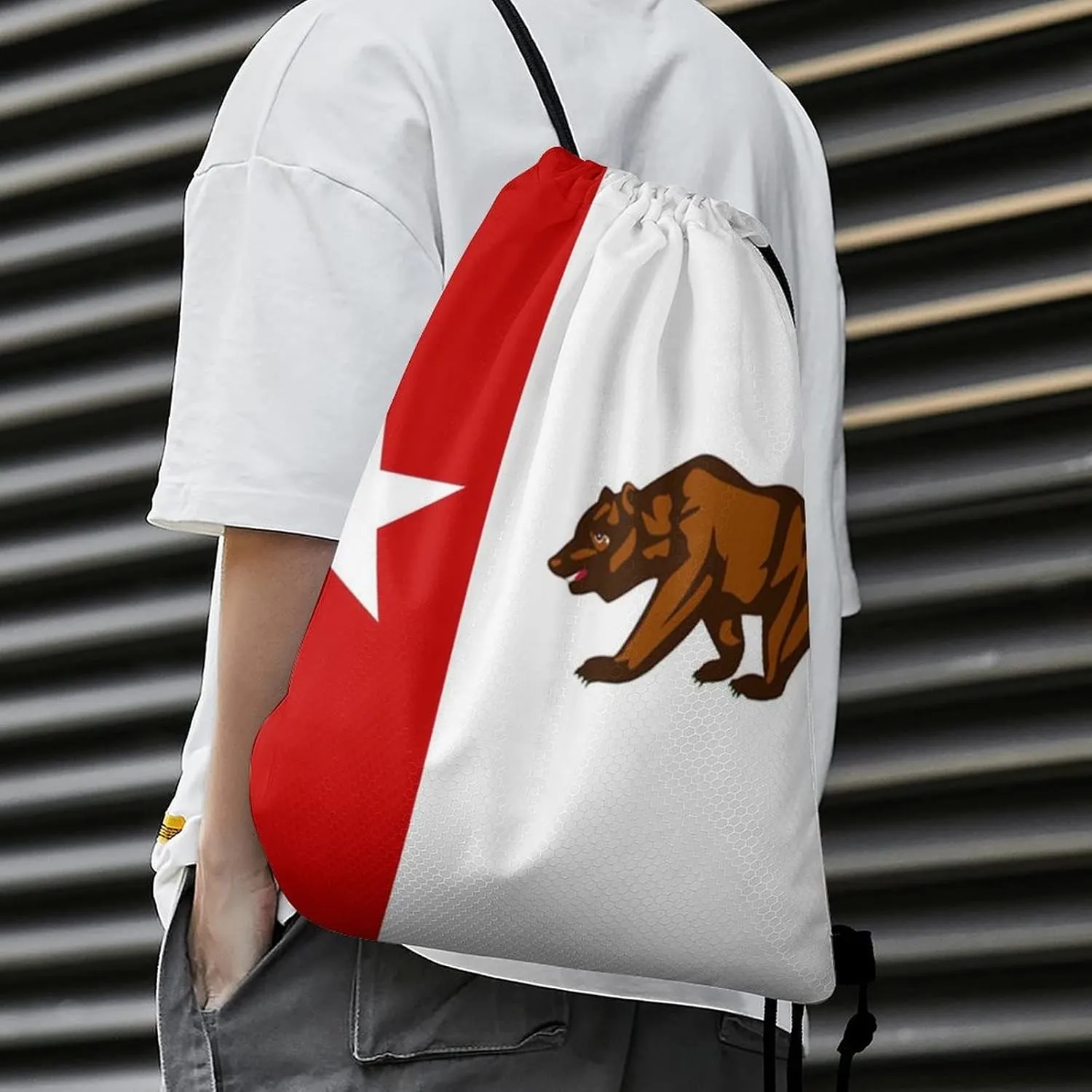 Flag of California Star Bear Drawstring Backpack Sports Gym Sackpack Water Resistant String Bag for Women Men, 35*42cm, Style-2