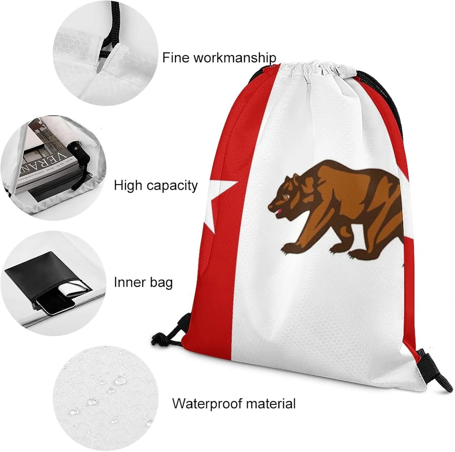 Flag of California Star Bear Drawstring Backpack Sports Gym Sackpack Water Resistant String Bag for Women Men, 35*42cm, Style-2