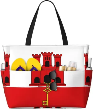 Flag of Gibraltar Print 28L Large Beach Tote Bag, 7 Pockets Waterproof Travel Shoulder Bag, Gym Oversized Tote