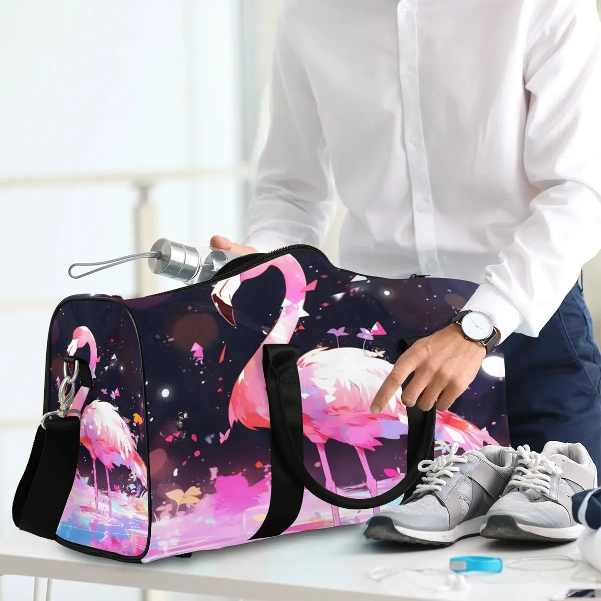 Flamingo Print Colorful Travel Duffel Bag for Women Men Waterproof Foldable Overnight Weekender Bag Large Capacity Sports Gym Bag
