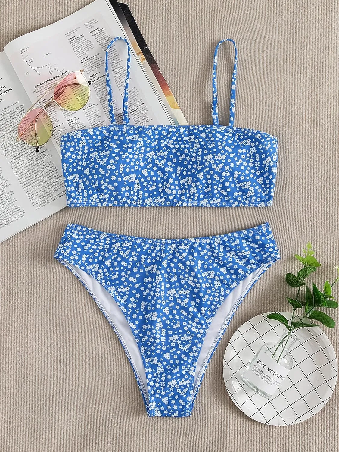 Floerns Women's Bathing Suit Floral Print High Waist 2 Piece Bikini Swimsuit