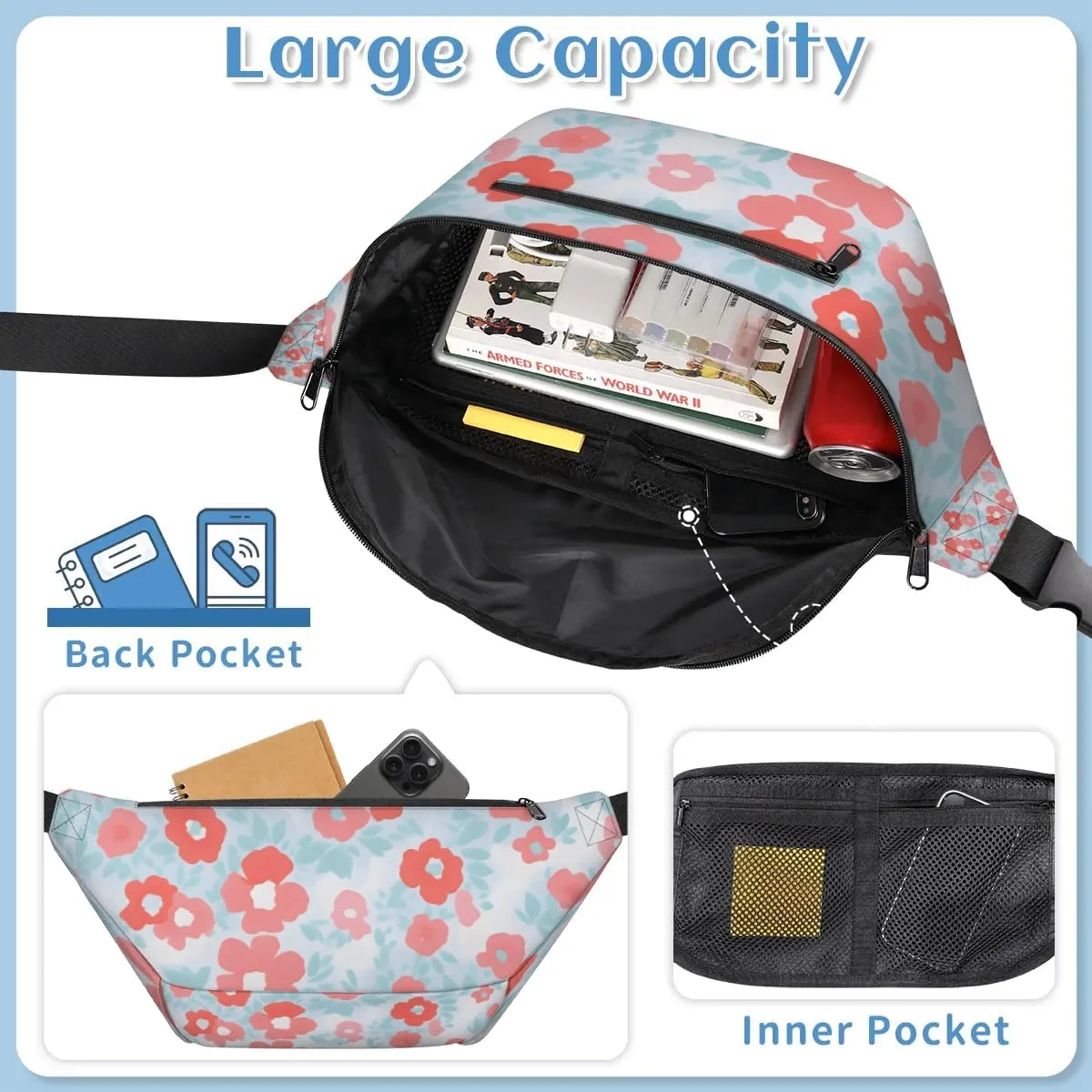 Flower Beautiful Sling Bag Crossbody Backpack Chest Daypack for Women Sport Travel Hiking Casual Bag Multipurpose Waist Pack With Zipper Closure Adjustable Strap Shoulder Bag