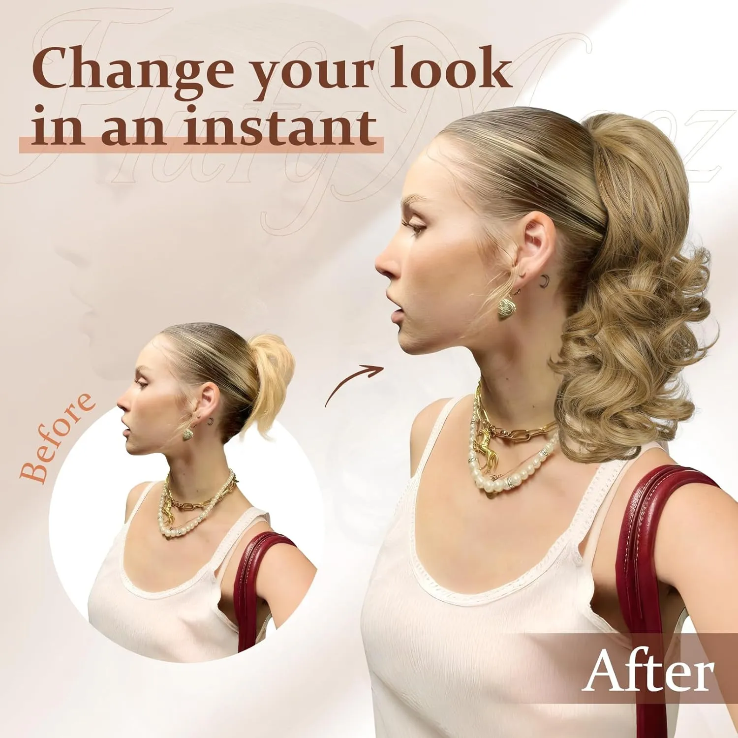 Flufymooz Ponytail Extension, 14 Inch Short Drawstring Ponytail Hair Extension for Women, Soft Synthetic Pony Tails Hairpiece for Women (Chocolate Brown with Medium Blonde)