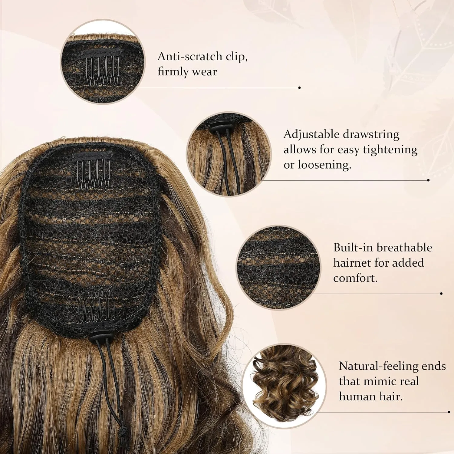 Flufymooz Ponytail Extension, 14 Inch Short Drawstring Ponytail Hair Extension for Women, Soft Synthetic Pony Tails Hairpiece for Women (Chocolate Brown with Medium Blonde)