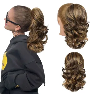 Flufymooz Ponytail Extension, 14 Inch Short Drawstring Ponytail Hair Extension for Women, Soft Synthetic Pony Tails Hairpiece for Women (Chocolate Brown with Medium Blonde)