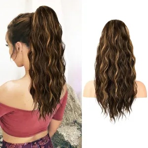 FLUFYMOOZ Ponytail Extension, 22 Inch Drawstring Ponytail Hair Extensions for Women， Long Curly Wavy Ponytail Natural Wavy Synthetic Hairpiece for Women(22 Inch Brown with Blonde Highlights)