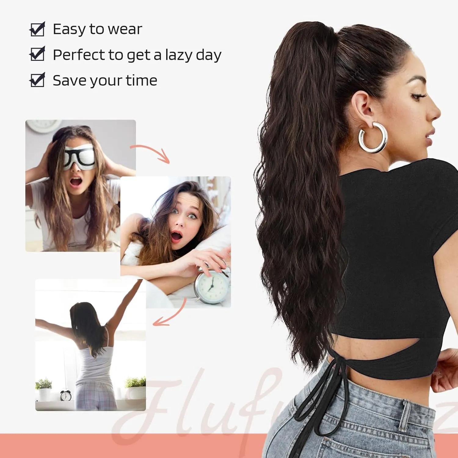 FLUFYMOOZ Ponytail Extension, 22 Inch Drawstring Ponytail Hair Extensions for Women， Long Curly Wavy Ponytail Natural Wavy Synthetic Hairpiece for Women(22 Inch Brown with Blonde Highlights)