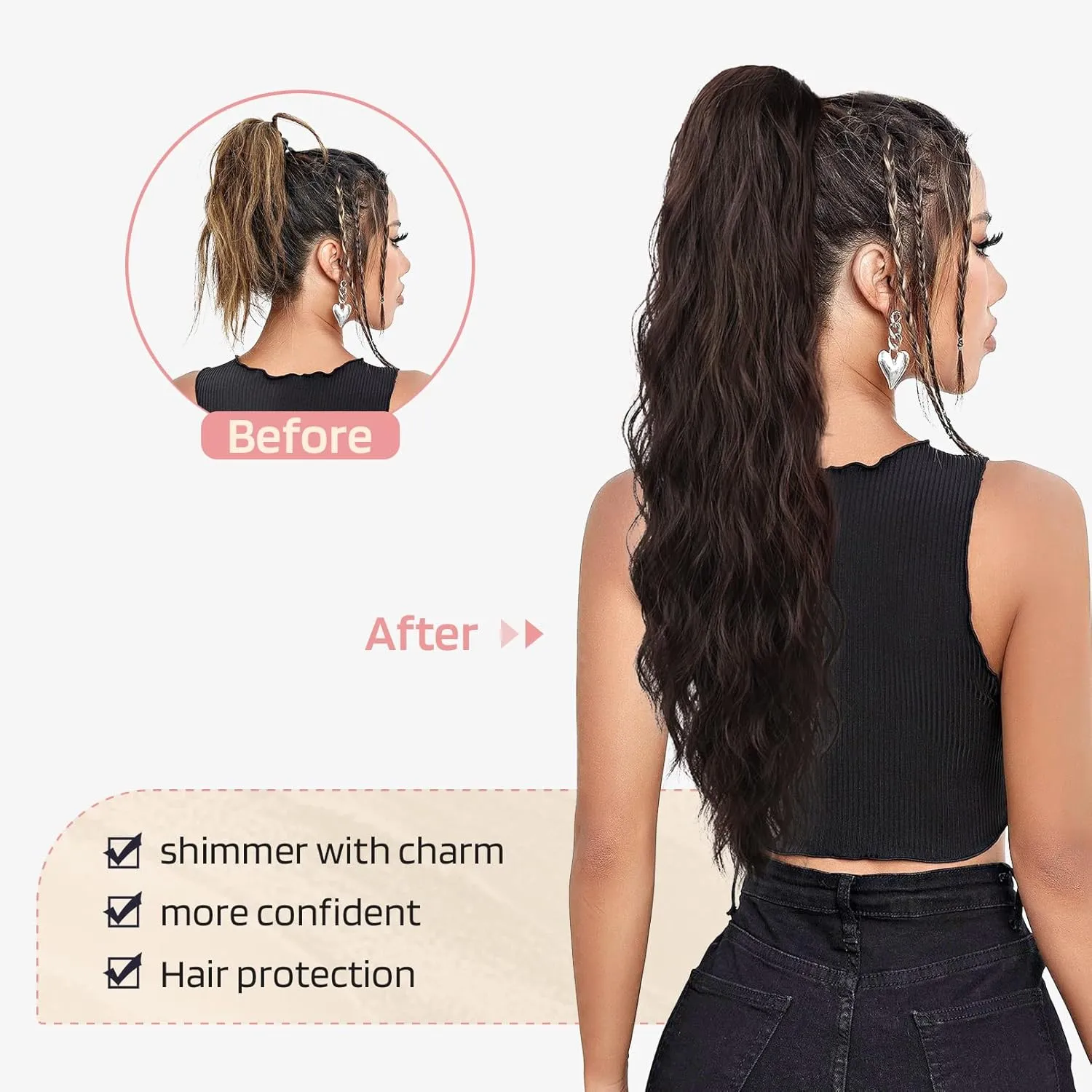 FLUFYMOOZ Ponytail Extension, 22 Inch Drawstring Ponytail Hair Extensions for Women， Long Curly Wavy Ponytail Natural Wavy Synthetic Hairpiece for Women(22 Inch Brown with Blonde Highlights)