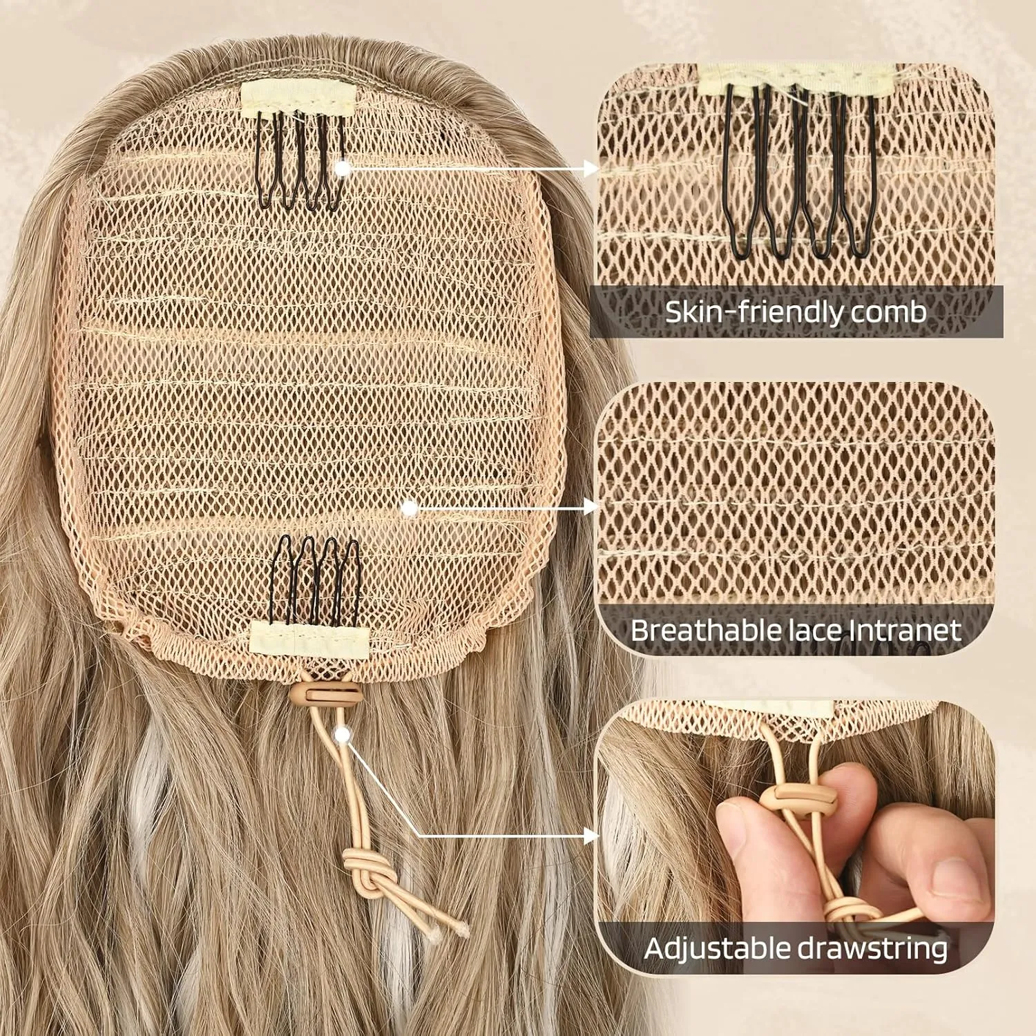 FLUFYMOOZ Ponytail Extension, 22 Inch Drawstring Ponytail Hair Extensions for Women， Long Curly Wavy Ponytail Natural Wavy Synthetic Hairpiece for Women(22 Inch Brown with Blonde Highlights)