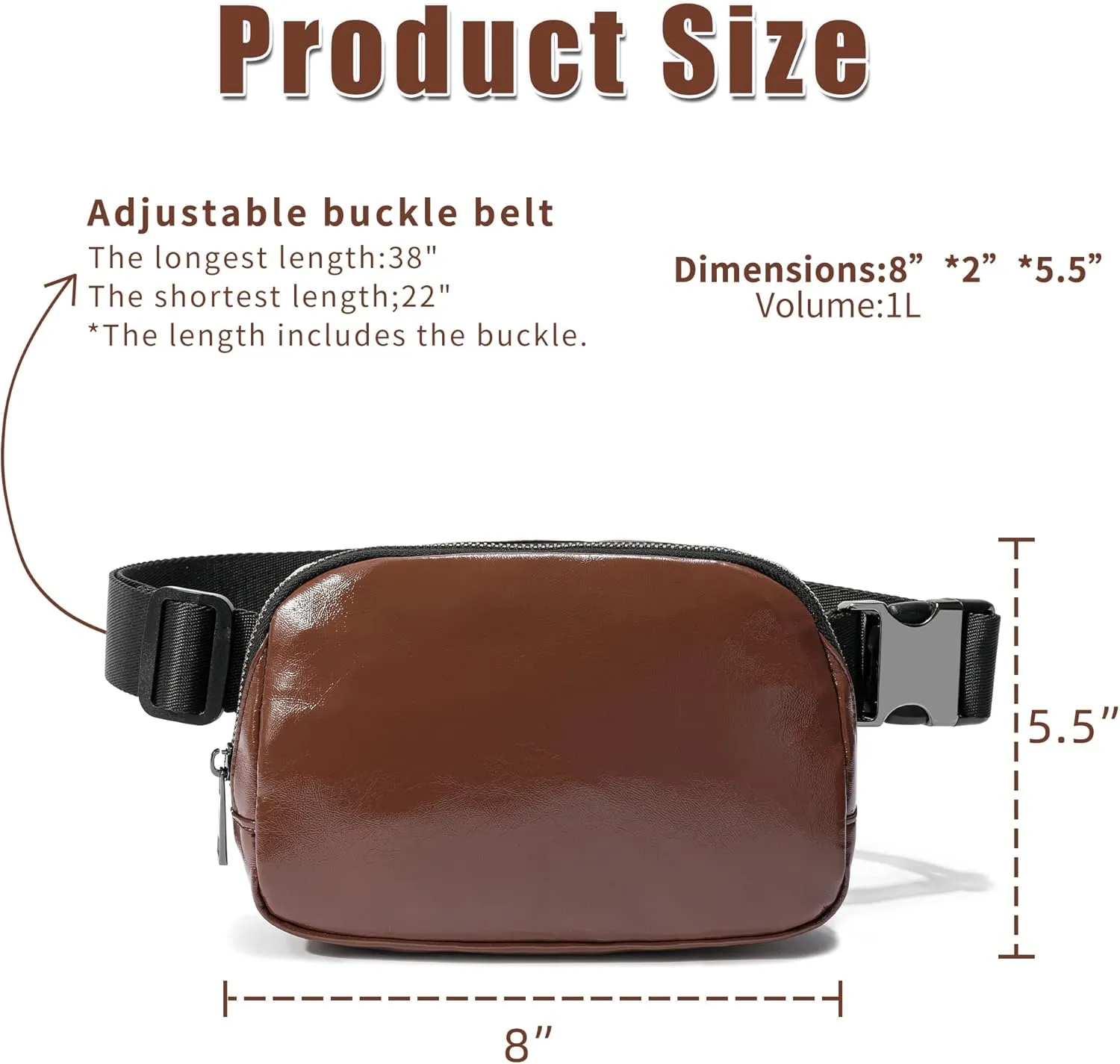 FODOKO Fanny Packs for Women Men, Fashionable PU Leather Belt Bag Waist Pack for Women with Adjustable Strap, Bum Bag for Running Hiking Travel Workout （PU Brown)