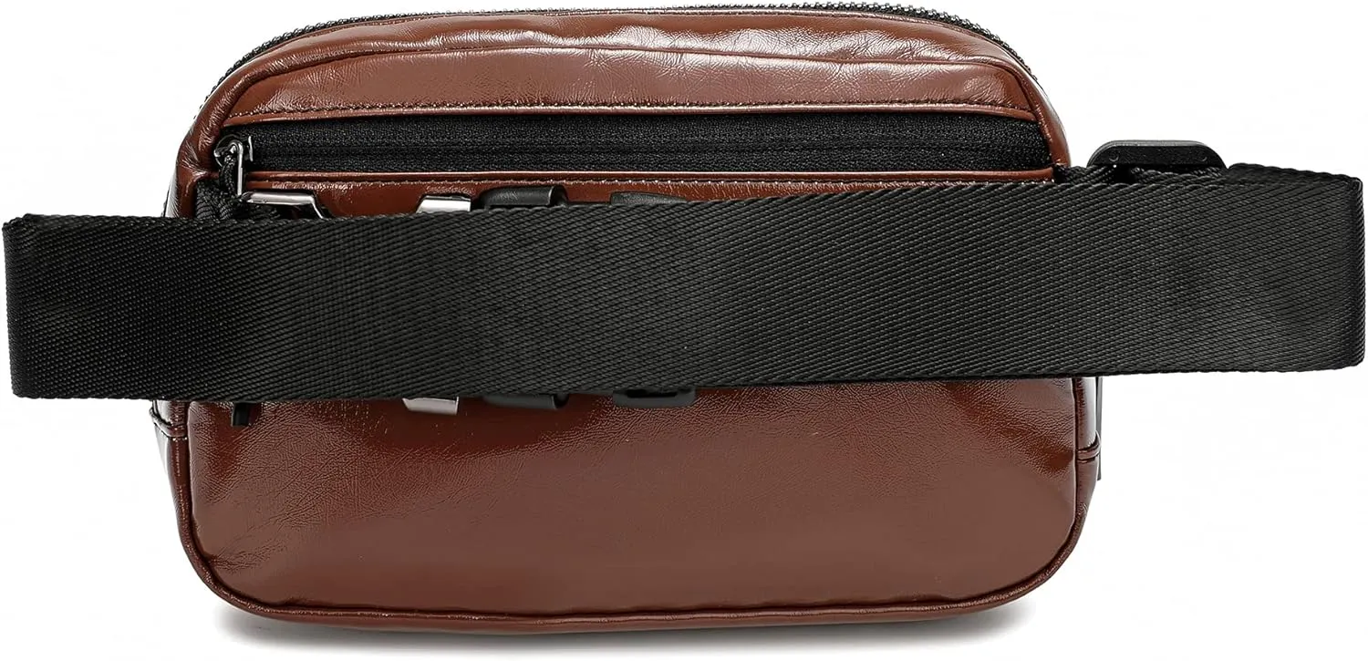 FODOKO Fanny Packs for Women Men, Fashionable PU Leather Belt Bag Waist Pack for Women with Adjustable Strap, Bum Bag for Running Hiking Travel Workout （PU Brown)