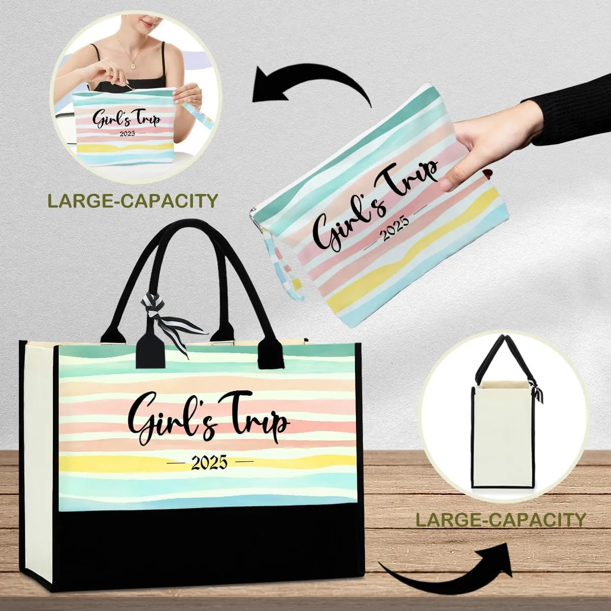 Fokongna Girls Trip 2025 For Women Friend Sister Travel Gifts Canvas Tote Bag Wet Bag for swimsuit Beach Bags Gifts