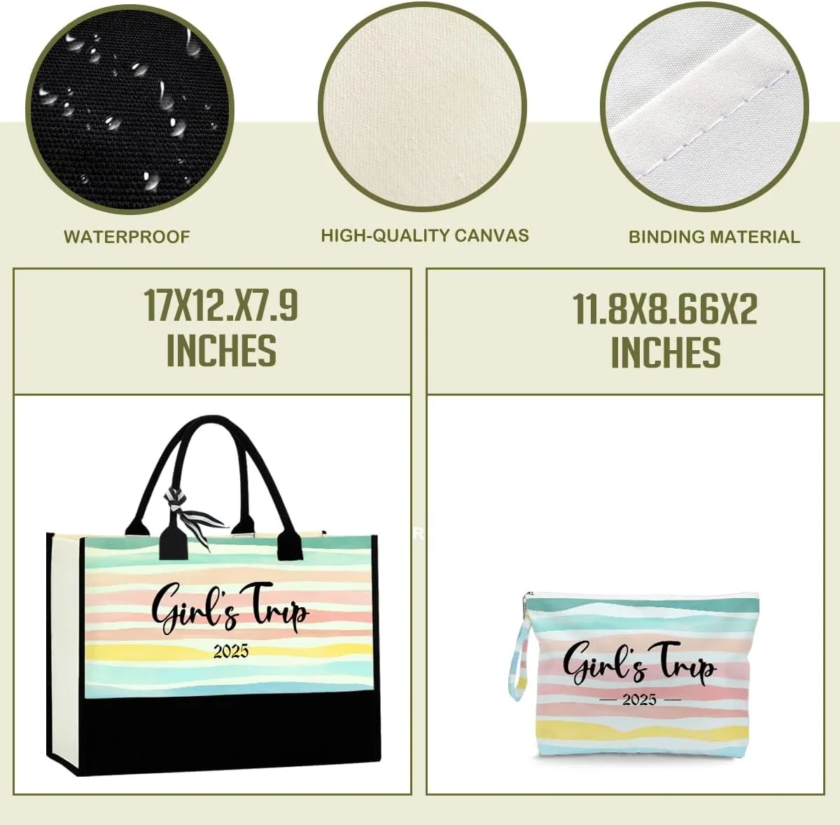 Fokongna Girls Trip 2025 For Women Friend Sister Travel Gifts Canvas Tote Bag Wet Bag for swimsuit Beach Bags Gifts