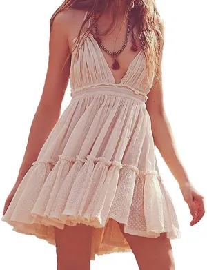 ForeMode Summer Deep V Neck Bohemian Women Mini Short Dress Backless Beach Boho Dress