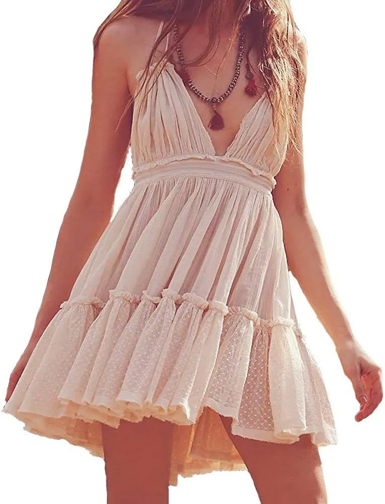 ForeMode Summer Deep V Neck Bohemian Women Mini Short Dress Backless Beach Boho Dress