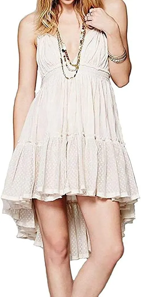 ForeMode Summer Deep V Neck Bohemian Women Mini Short Dress Backless Beach Boho Dress