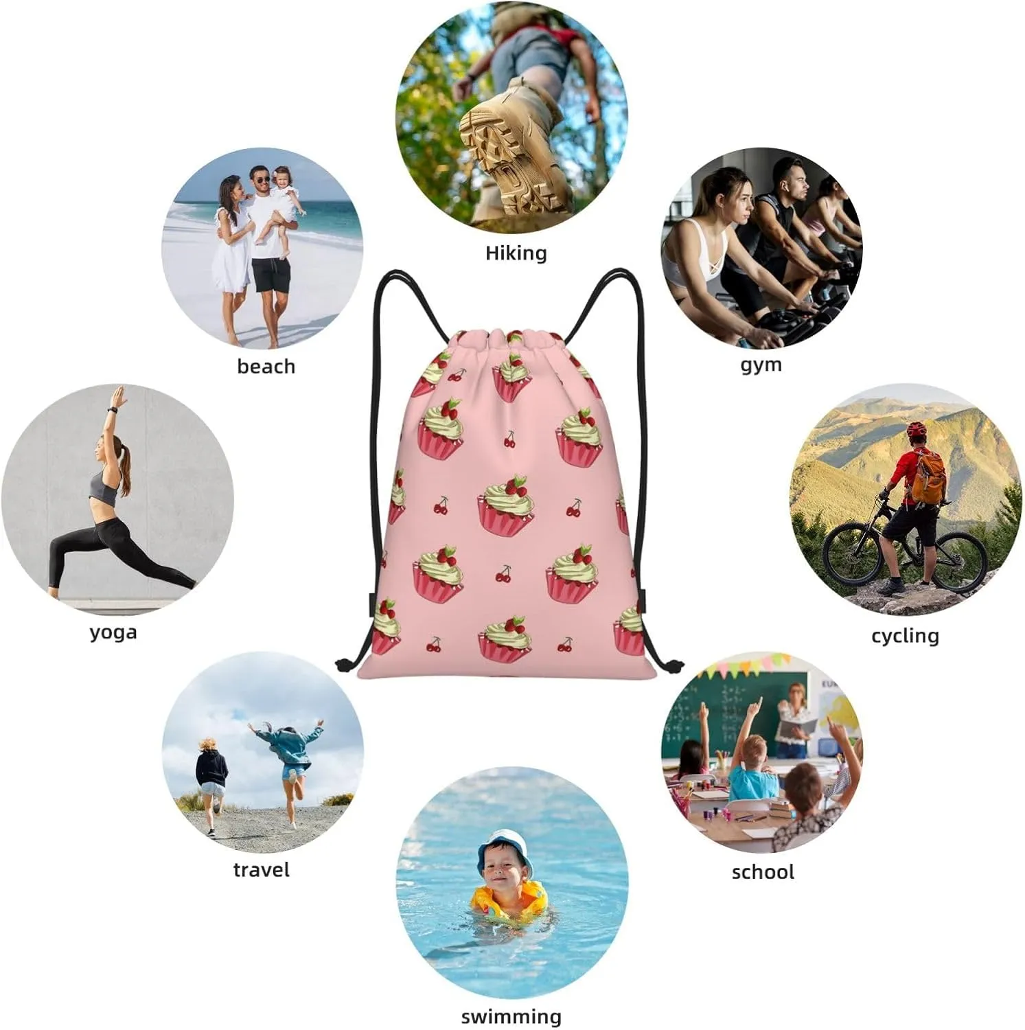 FoRes Cherry Cake Versatile Drawstring Bags - Lightweight Gym Sackpack for Sports, Yoga, Dance, and Travel, Medium