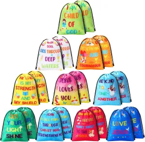 Frienda 20 Pieces Religious Gift Bags Christian Drawstring Backpacks Jesus Treat String Bags Bulk God Bless Baggies for Sunday School Birthday Baby Shower Christian Party Favors Packing, 11.8 x 9.8