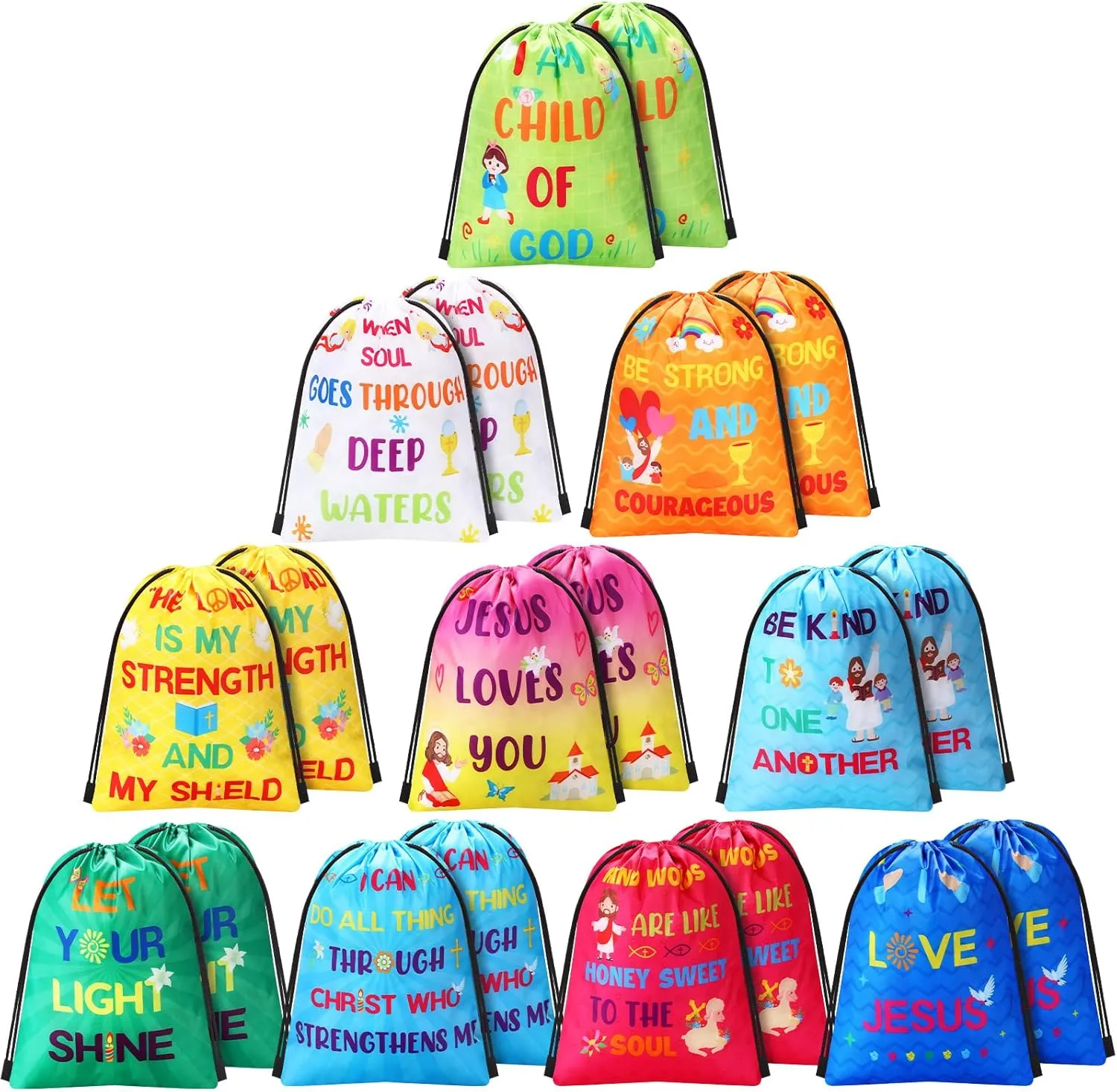 Frienda 20 Pieces Religious Gift Bags Christian Drawstring Backpacks Jesus Treat String Bags Bulk God Bless Baggies for Sunday School Birthday Baby Shower Christian Party Favors Packing, 11.8 x 9.8