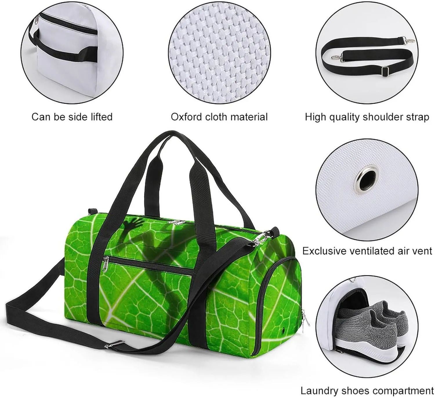 Frog Shadow on The Leaf Water Resistant Gym Bag with Shoe Compartment, Travel Duffel Tote Bag Weekender Overnight Bag for Women Men