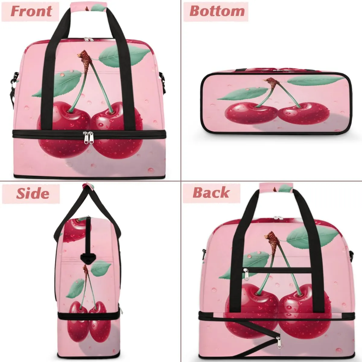 Fruit Cherry Foldable Travel Duffel Bag Overnight Weekender Bag with Shoes Compartment Sports Gym Bag for Men Women