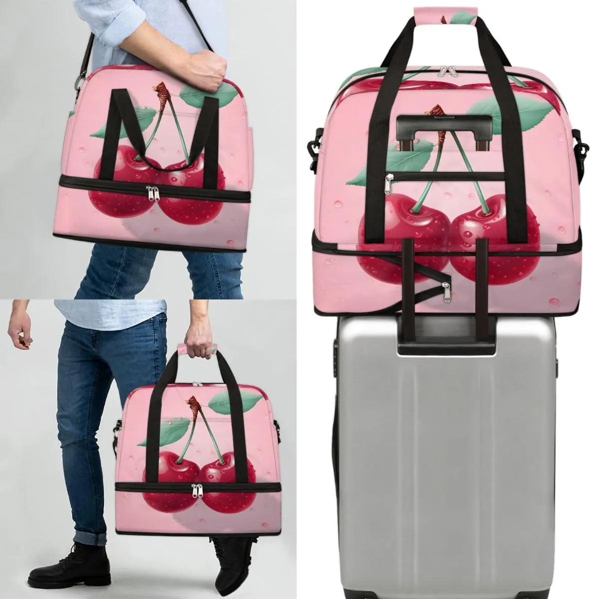 Fruit Cherry Foldable Travel Duffel Bag Overnight Weekender Bag with Shoes Compartment Sports Gym Bag for Men Women