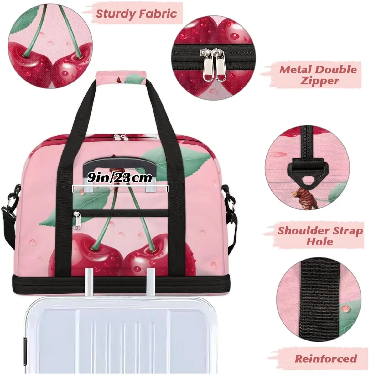 Fruit Cherry Foldable Travel Duffel Bag Overnight Weekender Bag with Shoes Compartment Sports Gym Bag for Men Women
