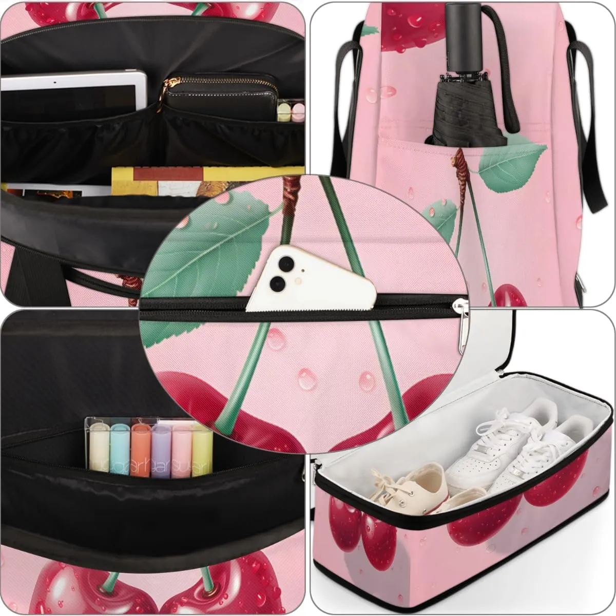 Fruit Cherry Foldable Travel Duffel Bag Overnight Weekender Bag with Shoes Compartment Sports Gym Bag for Men Women