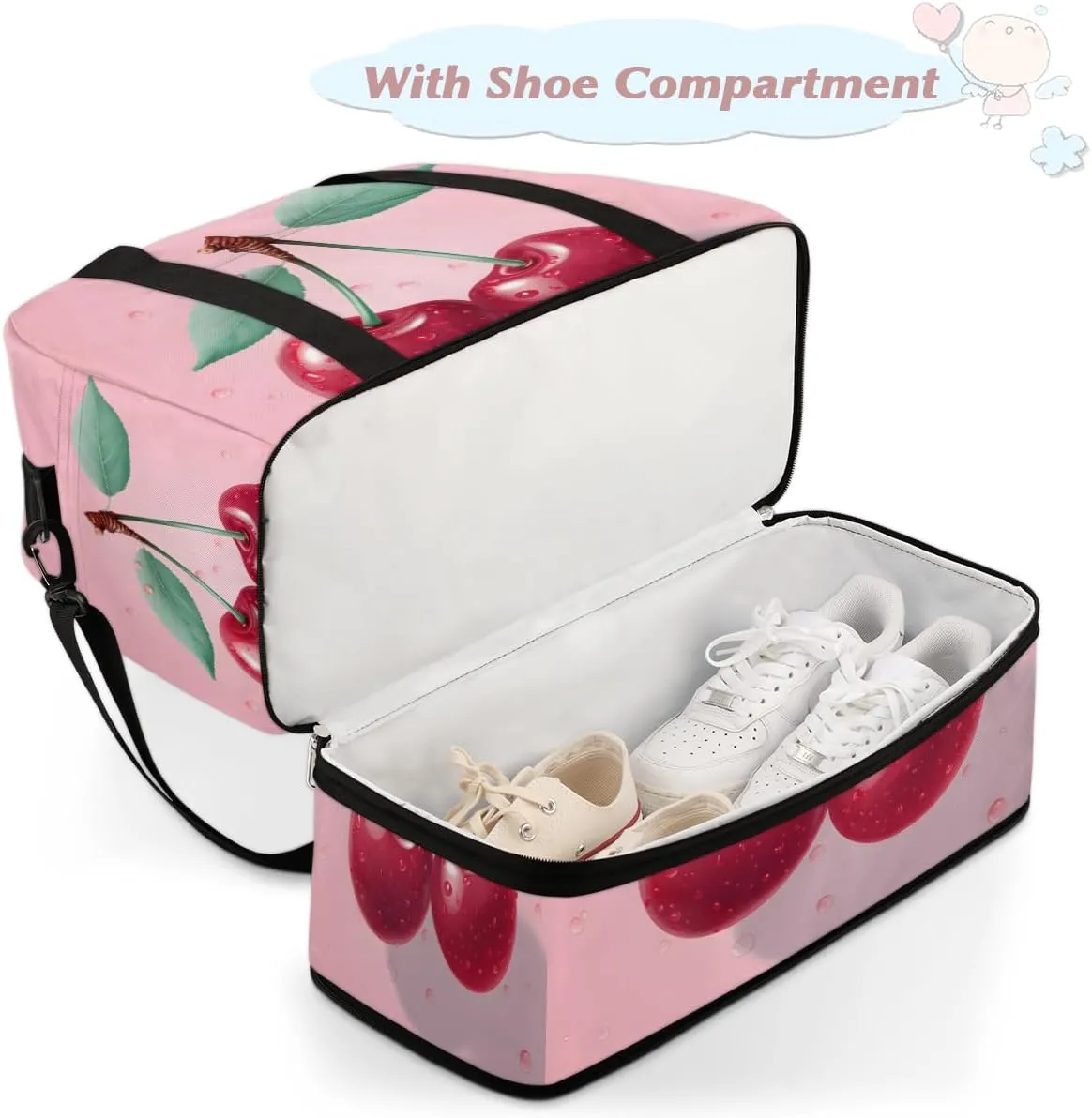 Fruit Cherry Foldable Travel Duffel Bag Overnight Weekender Bag with Shoes Compartment Sports Gym Bag for Men Women