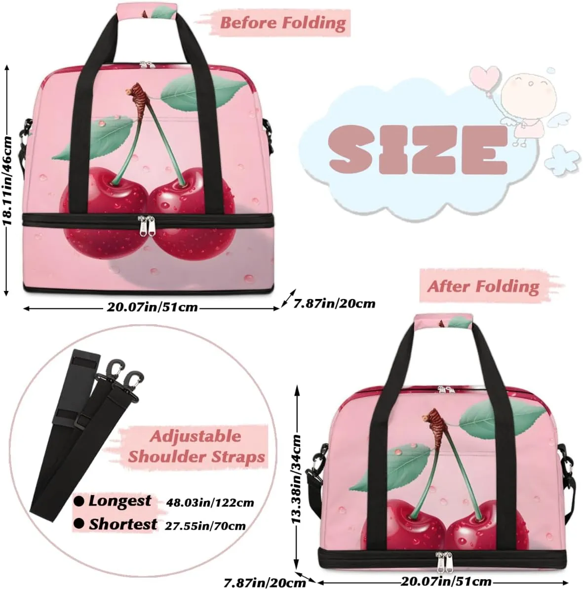 Fruit Cherry Foldable Travel Duffel Bag Overnight Weekender Bag with Shoes Compartment Sports Gym Bag for Men Women