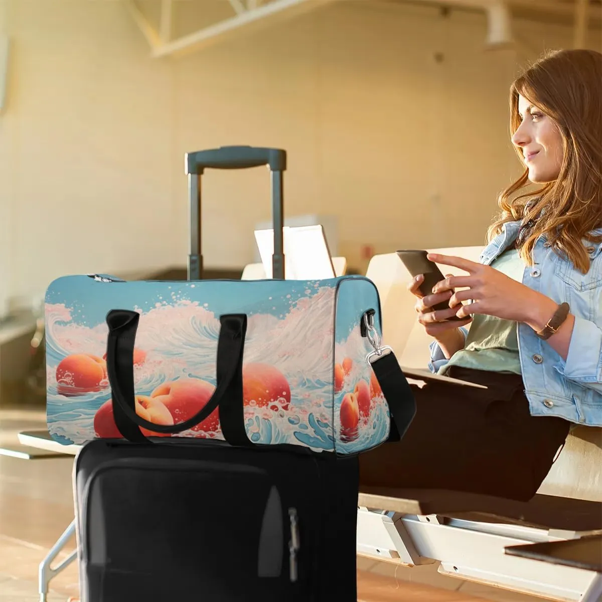 Fruit Peach Pattern Travel Duffel Bag for Women Men Waterproof Foldable Overnight Weekender Bag Large Capacity Sports Gym Bag