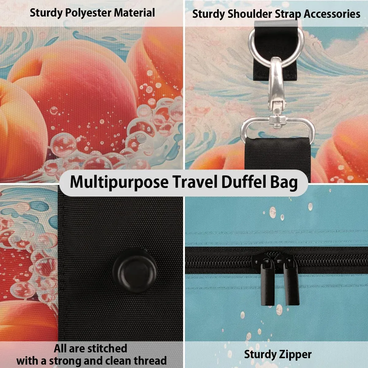 Fruit Peach Pattern Travel Duffel Bag for Women Men Waterproof Foldable Overnight Weekender Bag Large Capacity Sports Gym Bag