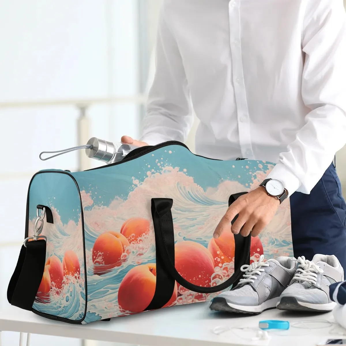 Fruit Peach Pattern Travel Duffel Bag for Women Men Waterproof Foldable Overnight Weekender Bag Large Capacity Sports Gym Bag